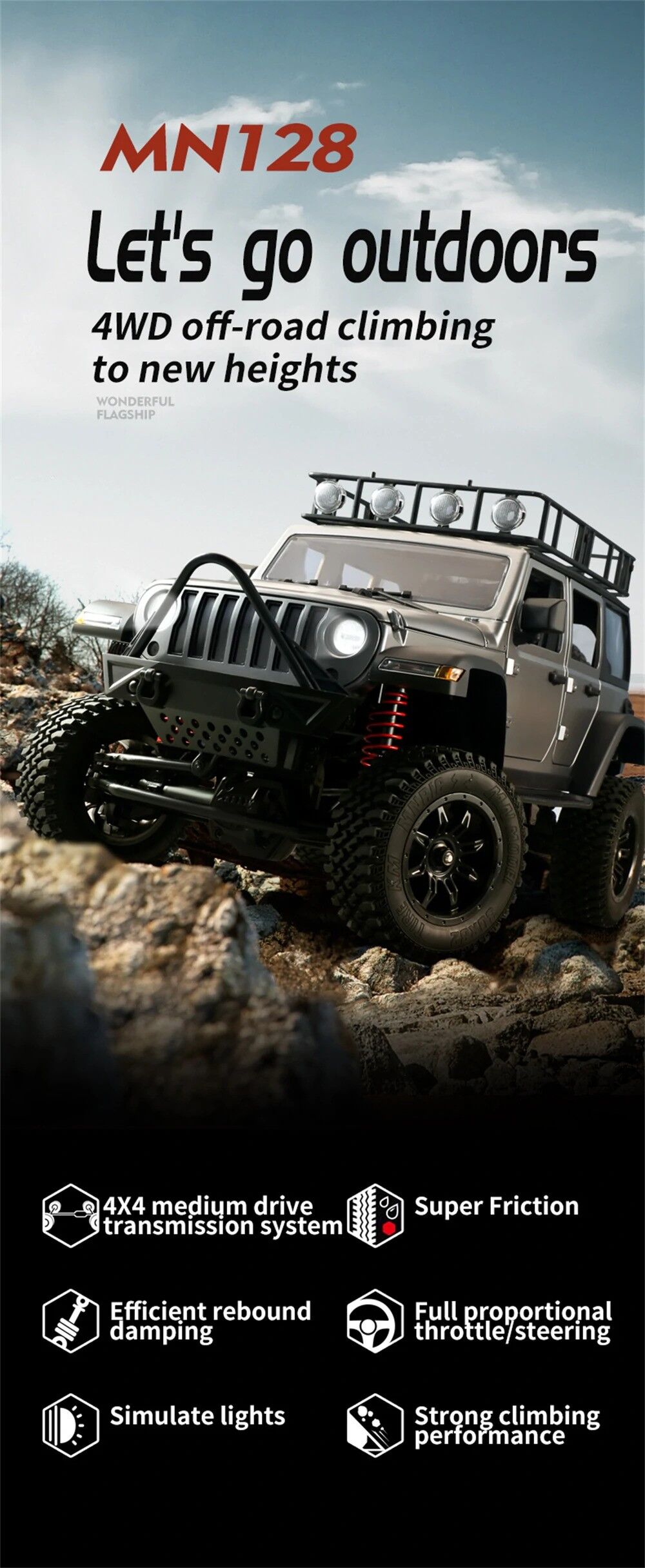 MNRC MN128 1:12 RTR 4WD RC Rock Crawler – Full Proportional Off-Road  Truck with LED Lights (Multicolor)